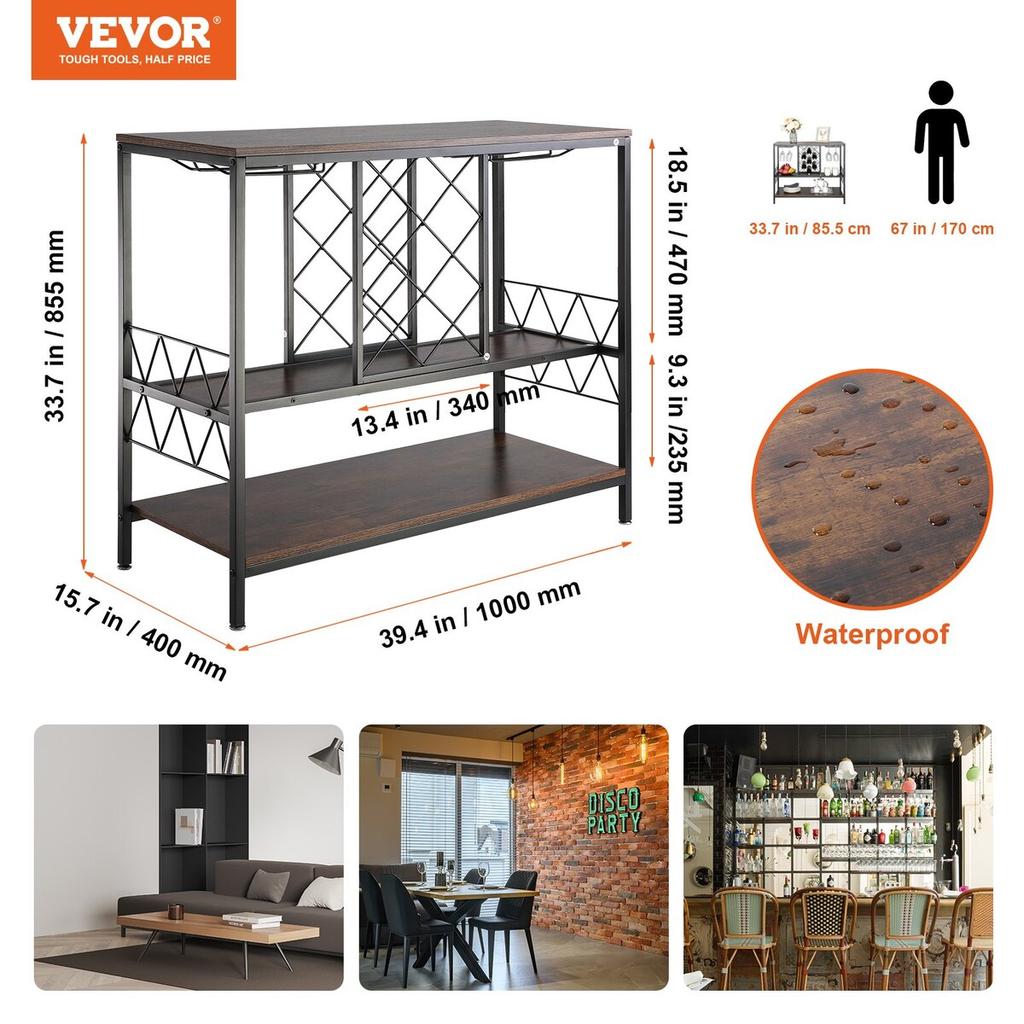 Armario Bar Industrial de 40 Pulgadas, Mesa de Vinos para Licores y Copas, Aparador Buffet con Soporte para Copas y Botellero, Madera Rústica Independiente