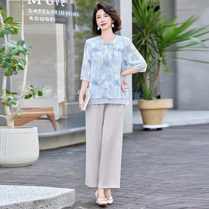 Mom s Summer 2026 Fashionable Short-Sleeve Casual Two-Piece Set for Middle-Aged and Elderly XL синий