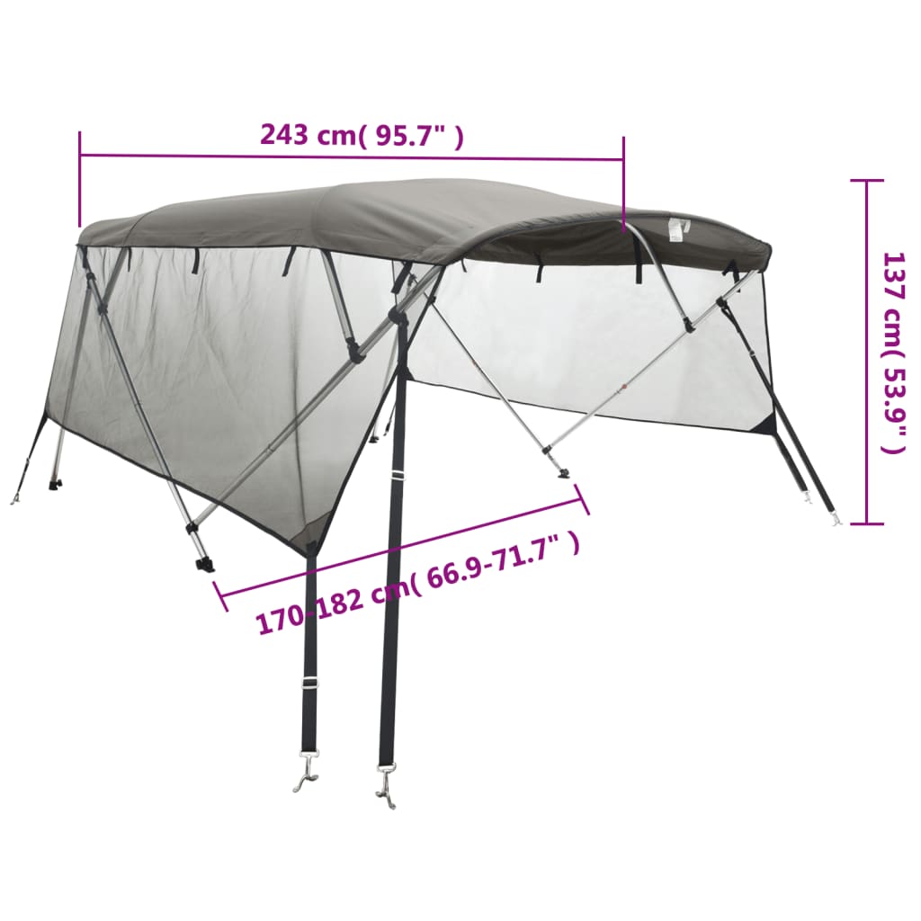 4 Bow Bimini Top with Mesh Side Panels 243 x (170 182) x 137 cm