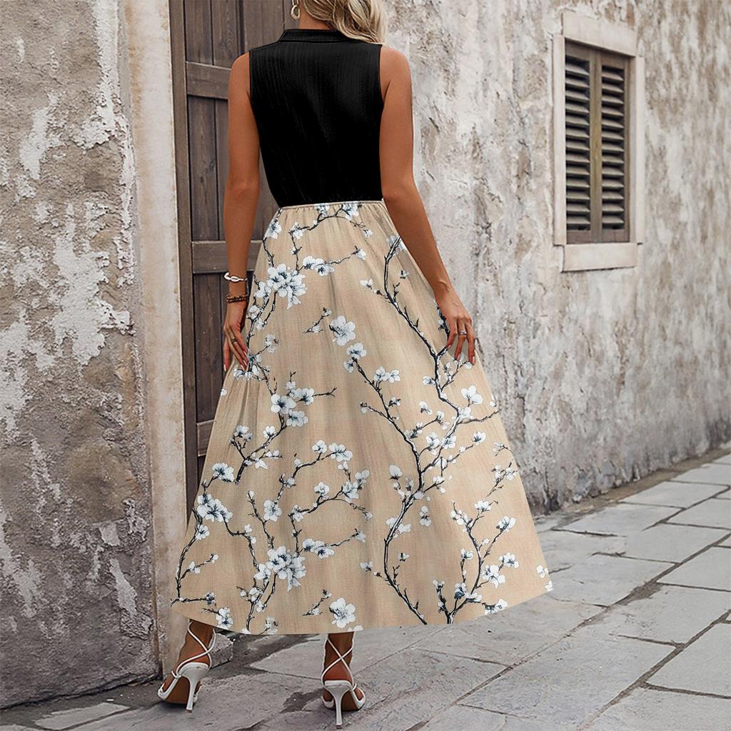 Women's Casual And Fashionable V-neck  Sleeveless Printing Mid Length Dress