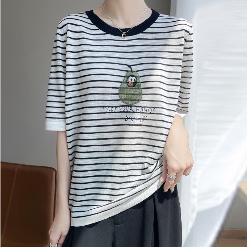 

Классическая полосатая футболка с контрастными цветами, женская, с круглым вырезом, с бамбуковым узором, тонкая, с коротким рукавом, летняя, новая, с вышивкой, жаккардовый дизайн XL
