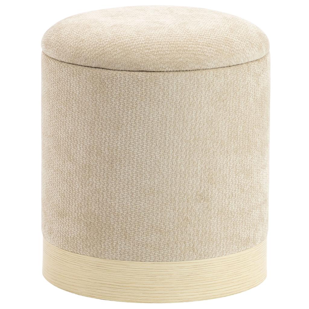 Storage Ottoman, Round Chenille Stool, Wood-Effect Metal Base, Beige