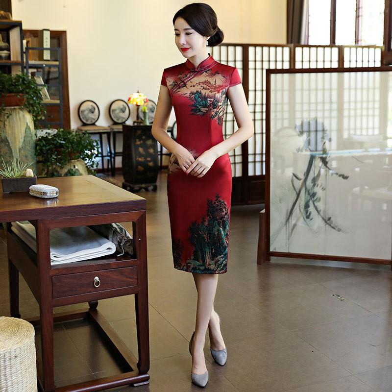 Womens Midi Cheongsam Dress Vintage Chinese Style Slim Fit Stand Collar Three-Quarter Sleeve Daily Wear Medium