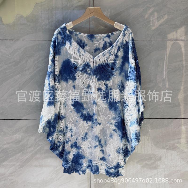 Indigo Batik V-ringning Broderad Fladdermusärm Större Storlek Strandklänning Topp