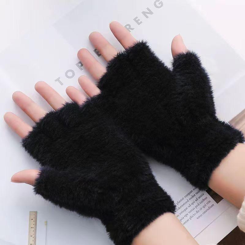 Simple plush gloves women's winter warm finger gloves solid color half finger uncovered student writing flat gloves