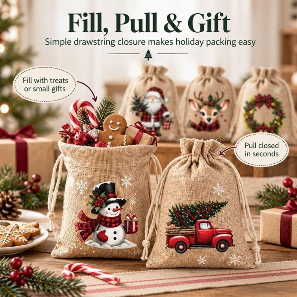 5pcs Reusable Drawstring Gift Bags Rustic Christmas Gift Bags Candy Bags Christmas Party