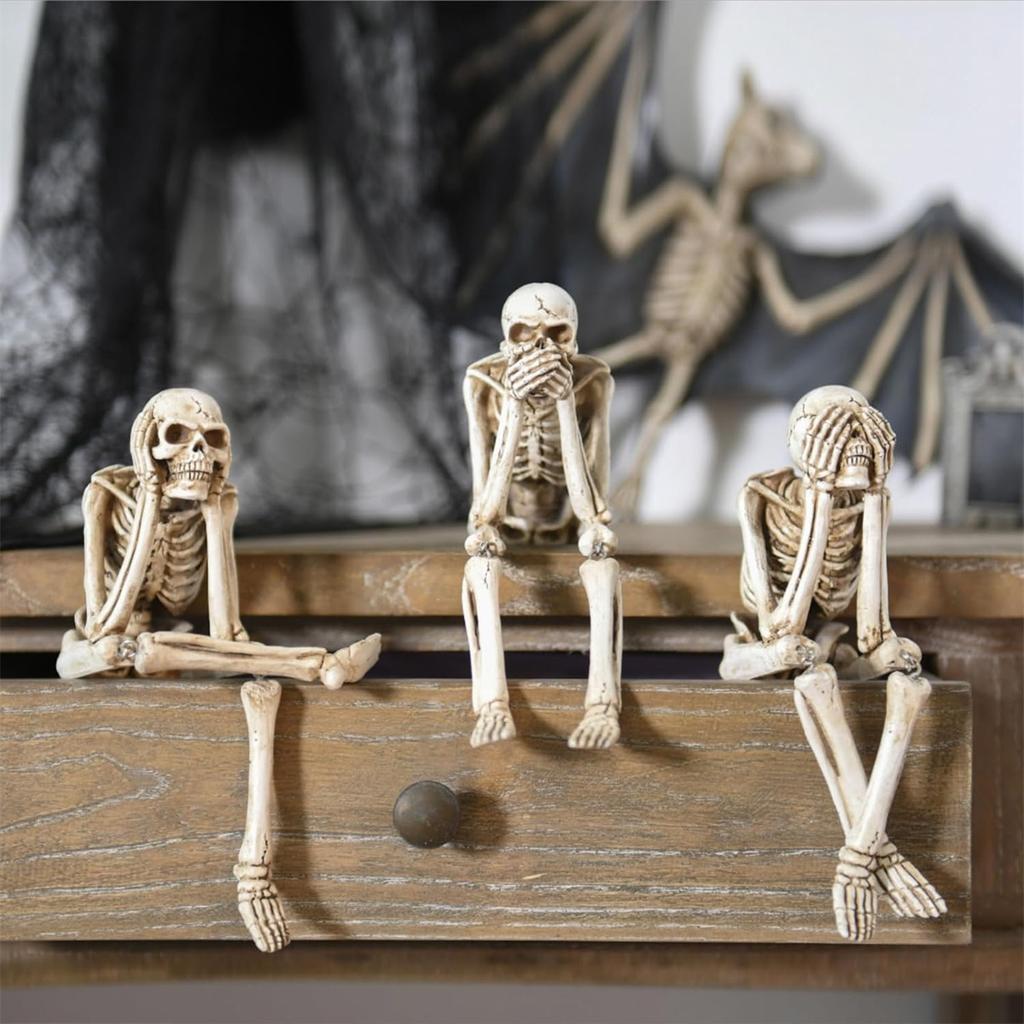 Halloween Statues No-Evil Skeleton Collectible-Figurines - Realistic Skull Decorations See Speak Hear No Evil Home Decor