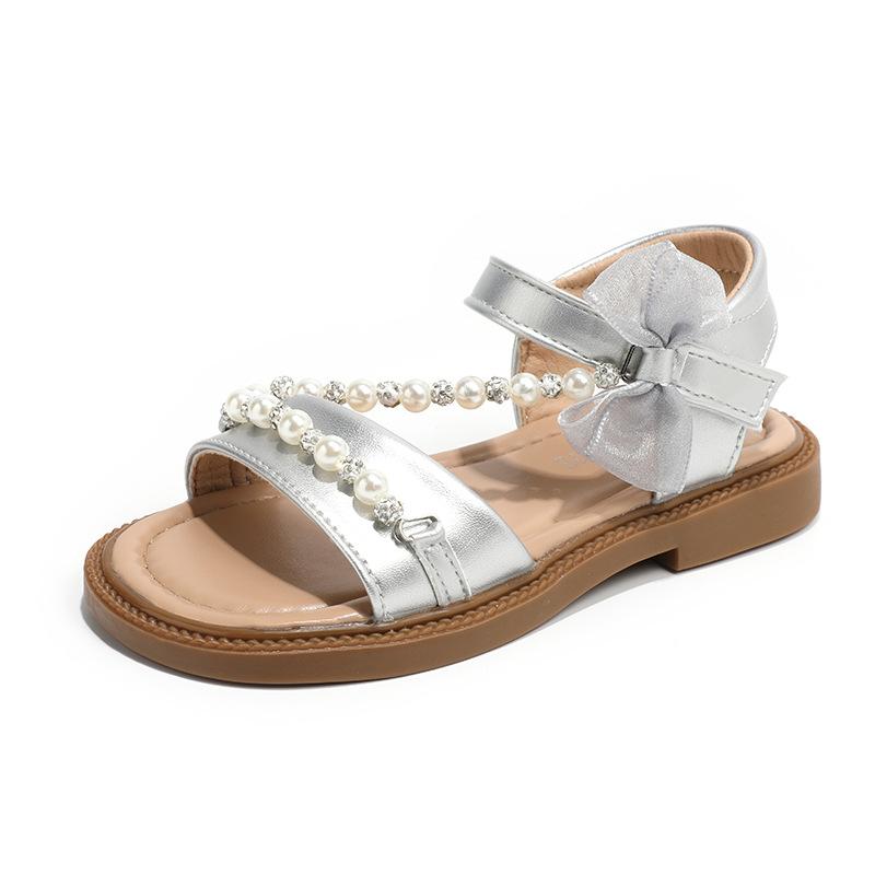 Mädchen Sandalen Offene Zehen mit Süßen Perlen Kinder Strandschuhe Offene Zehen Rutschfest 2025 Sommer Neu Kinder Prinzessin Schuhe Spitze Schleifen