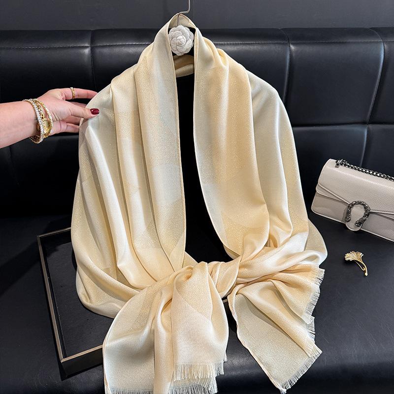 Scarf for Women New Style Elegant and Versatile Printed Long Scarf  Imitation Silk Scarf  Double-sided Gold Wire Sunscreen Shawl