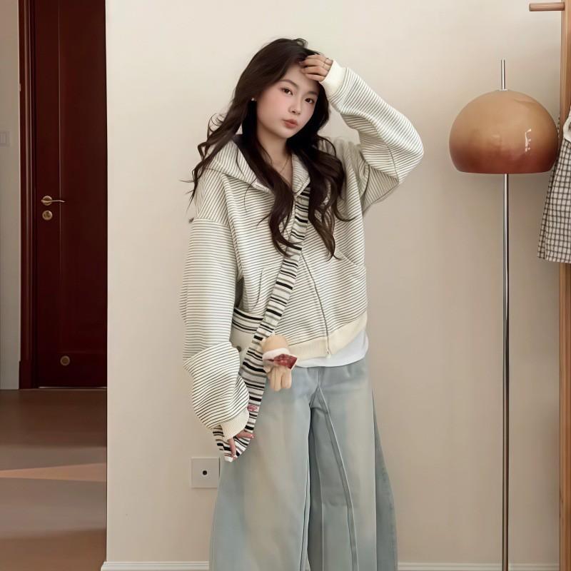 Early Korean Style Striped Hooded Sweatshirt Coat Women Short Fitted Top