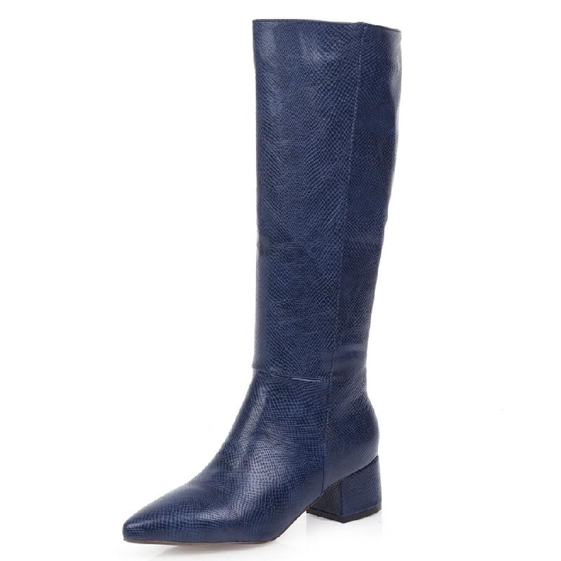 Western Cowboy High Boots for Women Winter Knee High Boots Snake Leather Pointed Low Heels Casual Long Shoes Female Large Size