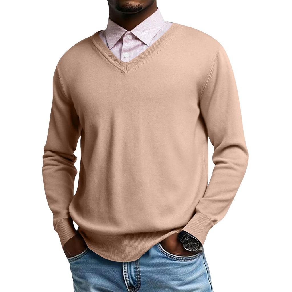 Męski dzianinowy top z dekoltem V i długim rękawem, codzienna wygoda, bluzka z długim rękawem