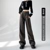 Women High Waist PU Leather Straight Wide Leg Pants Casual Loose Trousers