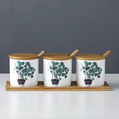 Kitchen seasoning tools ceramic seasoning jar set marble pattern cruet bamboo tray kitchen supplies seasoning box salt shaker