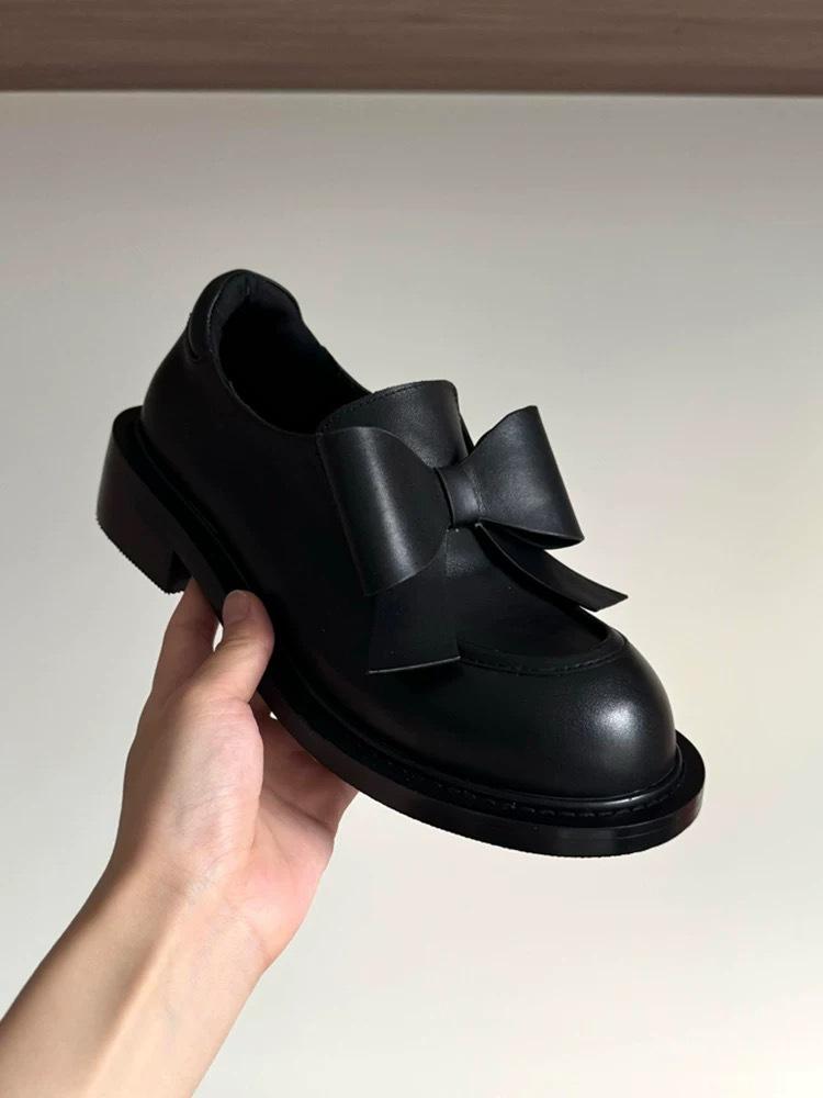 

Leather college style bow round head small leather shoes women s 2025 spring and autumn new thick heel platform loafers single shoes 40 чёрный
