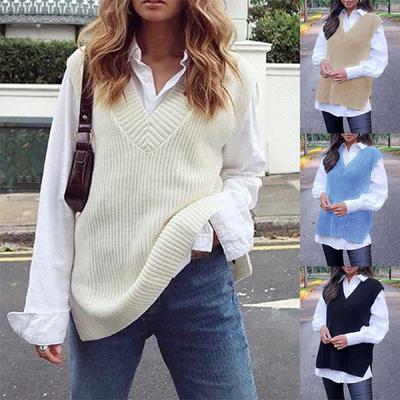 Women's Casual V-Neck Pullover Shirt Collision Color Sleeveless Sweater Vest