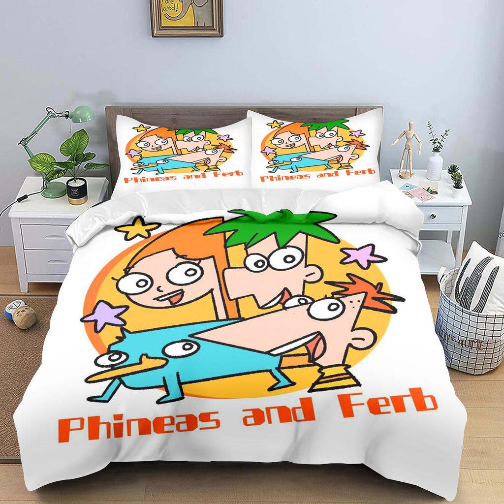 Phineas and Ferb Quilt Cover Cartoon Printed Polyester Duvet for Children Bedroom Anime Cozy Room Bedding Various Sizes