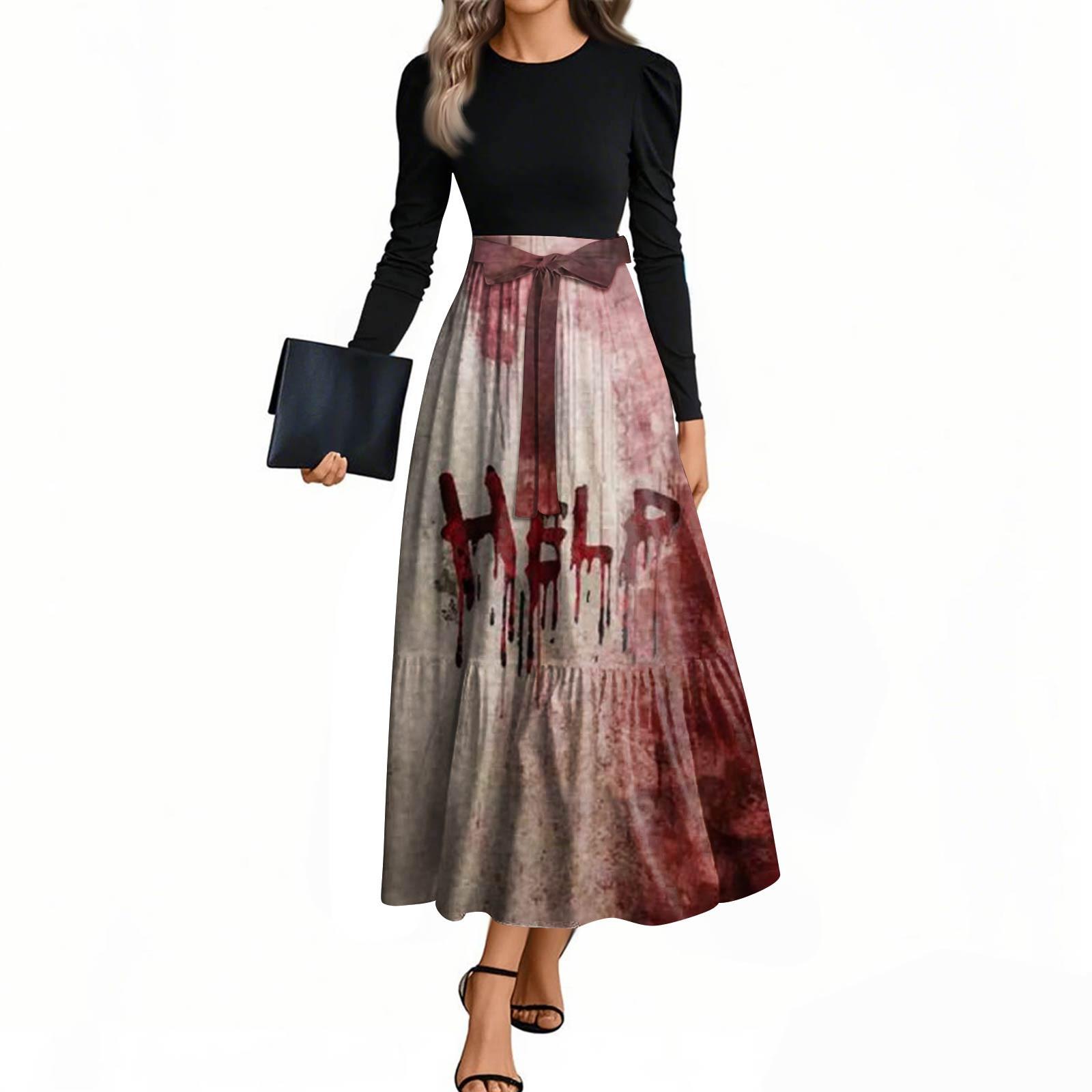 

Women s Fashion Casual Belted Long Sleeve Round Neck Halloween Printed Elegant Temperament Dresses XXL винний