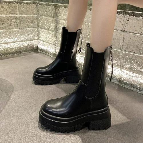 

Женские осенние туфли из искусственной кожи, увеличивающие рост, полусапоги до середины икры, женские модные осенние ботинки 2025 года, женские туфли-слипоны 39 чёрный