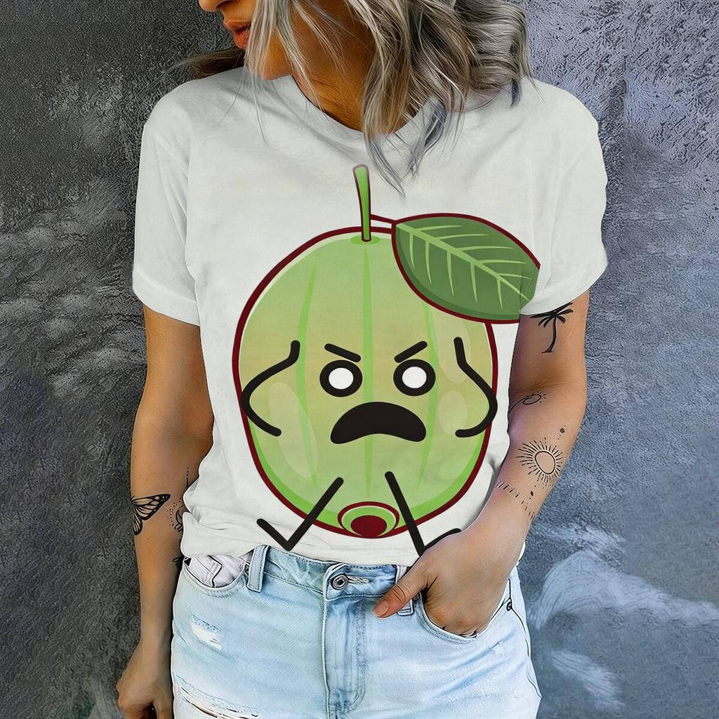 Simple cartoon cantaloupe printed short sleeved round neck T-shirt for women's summer casual versatile daily commuting top