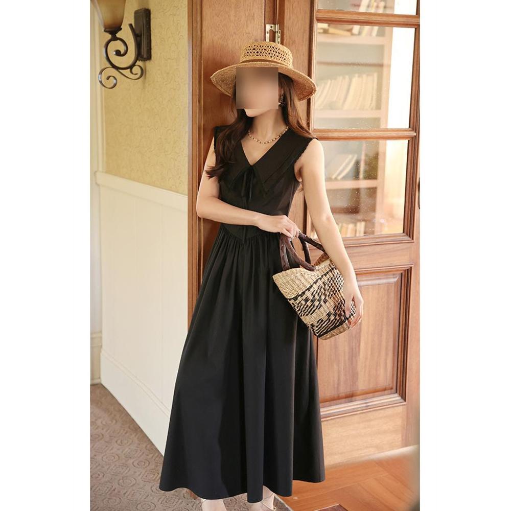 

Красивое платье без рукавов с бантом на лацкане, летнее женское платье с V-образным вырезом, приталенное, черное, летнее XL- (recommended 110-60kg)