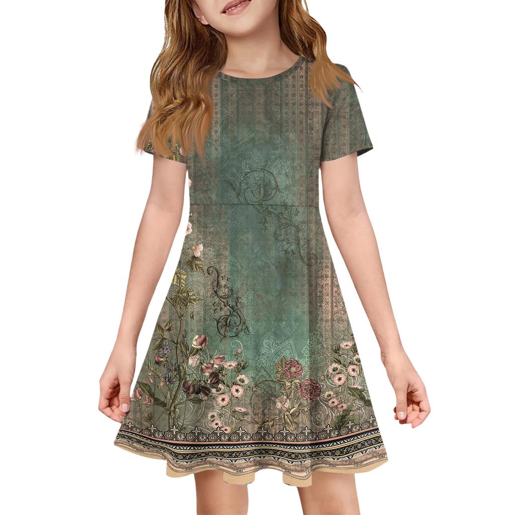 Girl Summer Dress Color & Print Short Sleeve Dress With Pocket Casual Dress Shorts Sleeve Party Dress Easter Day