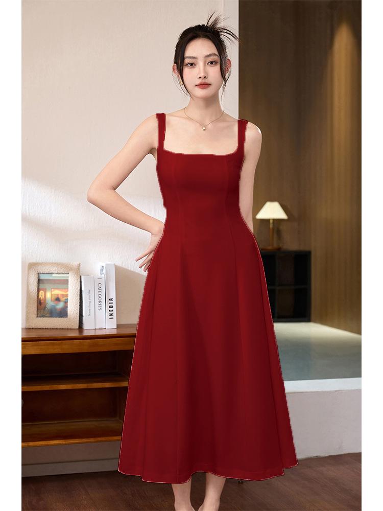 Elegant French Style Acetate Crinkled Strappy Long Dress for Mature Women