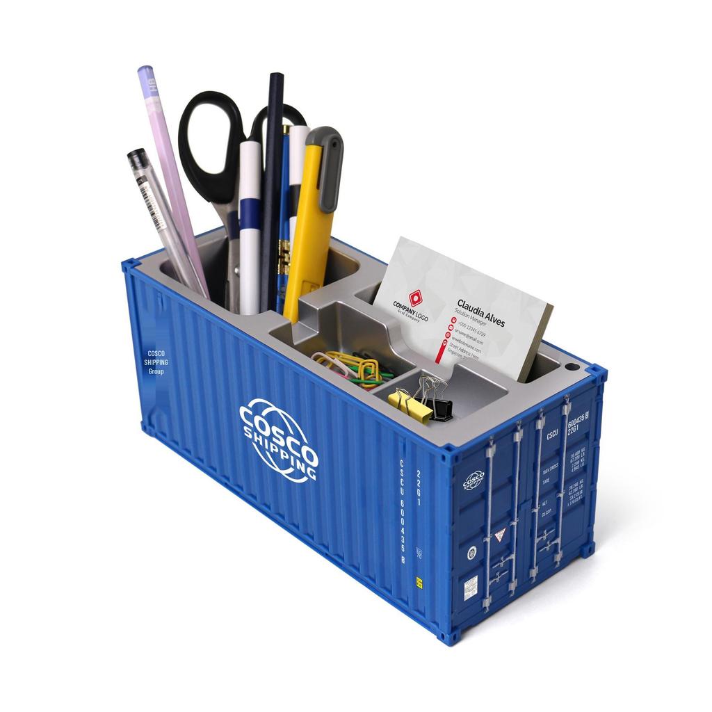 Blue COSCO Shipping Container Pen Holder Model Ornament - Simulated Storage Box Shipping Company Gift