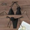 2Pcs/Set Women Bikini Set Lace-up Halter Padded Bra Swimming Trunks Set 3D Flower Decor Beach Style Swimwear