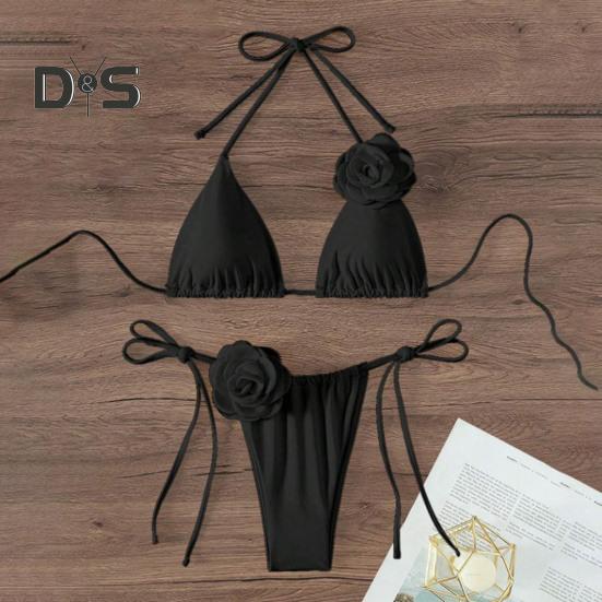 2Pcs/Set Women Bikini Set Lace-up Halter Padded Bra Swimming Trunks Set 3D Flower Decor Beach Style Swimwear