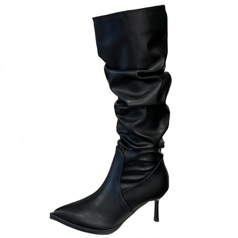 Pointed Thin Heel High Heel Stacking Boots 2025 Autumn and Winter New Medium Tube Women's Pleated Boots Martin Boots Long Boots
