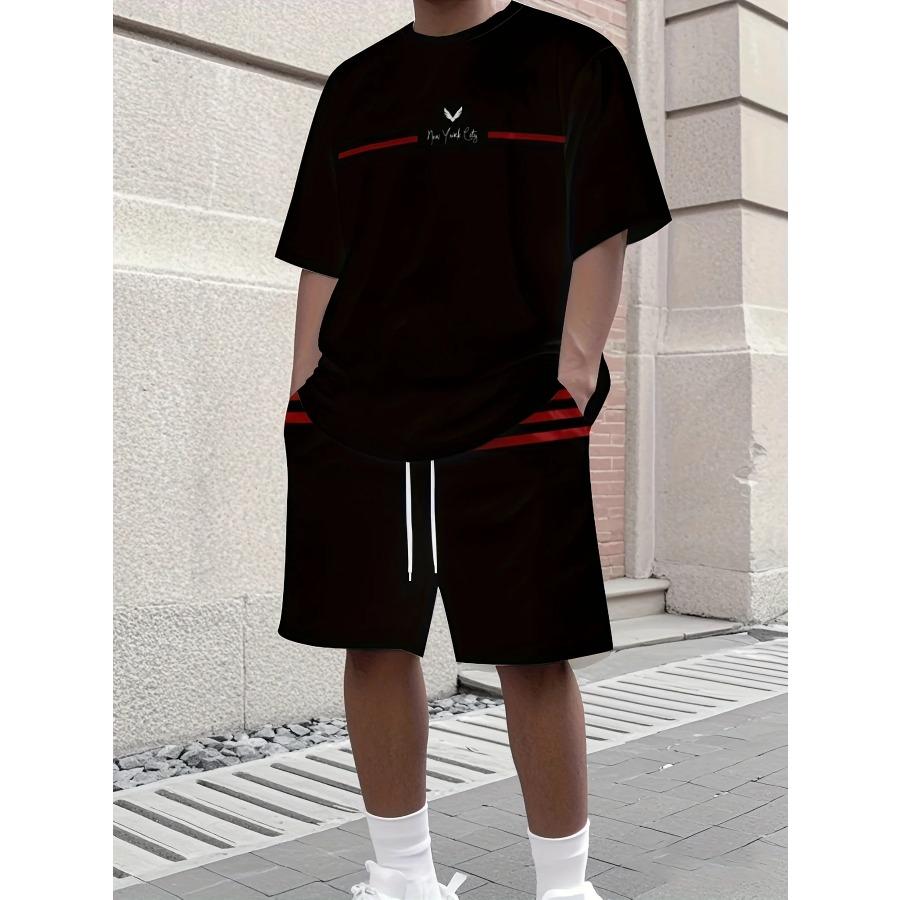 Men's Letter Print Crew Neck Short Sleeve Stylish Streetwear Men's Fashion Set Summer Casual Outdoor Vacation Two-Piece Set