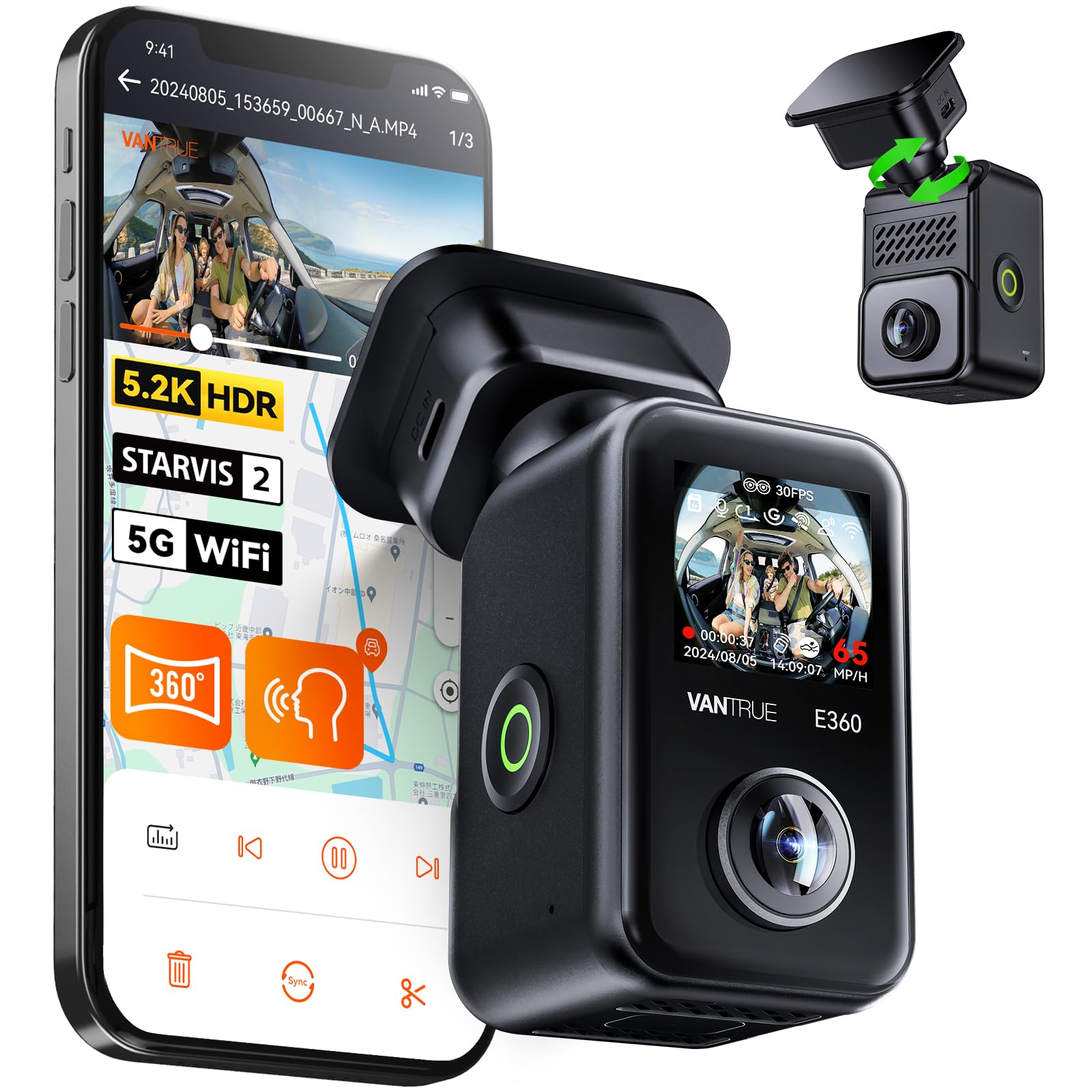

360-градусний панорамний реєстратор VANTRUE E360 STARVIS 2 Надпотужна функція нічного бачення Реєстратор приводу Передній і задній HDR Всенаправлений