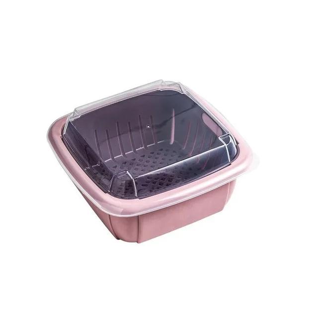 Double-Layer Drain Basket Lid Refrigerator Crisper Multifunctional Square Large Size Washing Vegetable Basket Kitchen Organizer