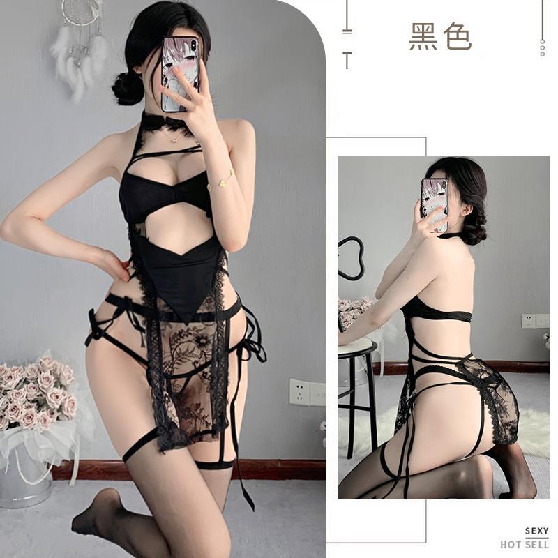 Sexy lingerie pure desire suspender perspective neck strap lace cheongsam mesh hollowed out to avoid temptation