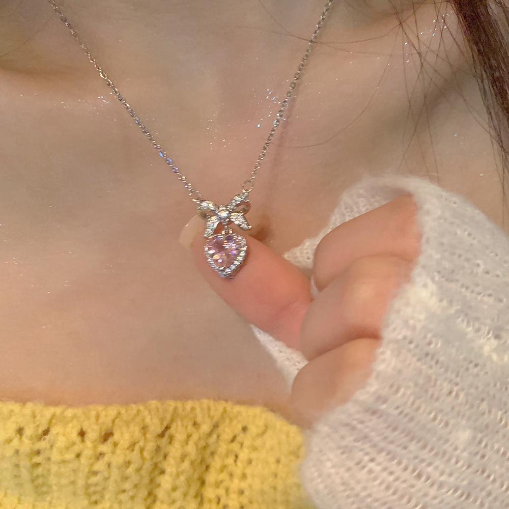 Colier strălucitor cu inimă roz Y2K pentru femei, dulce, cool, adolescenți, Kpop, cu fundă, strasuri, lanț de claviculă, choker, bijuterii de petrecere