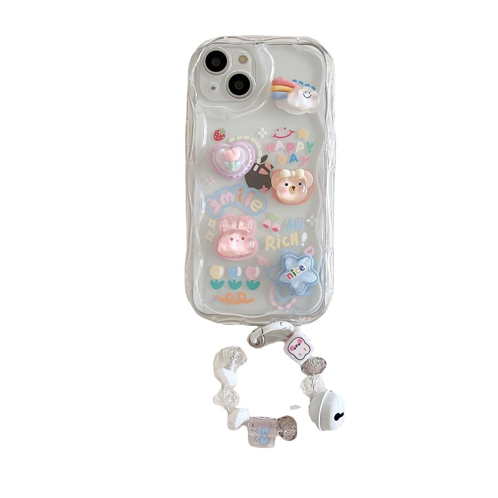 Applicable To IPhone14 Three Dimensional Wavy Rabbit Soft Shell Apple 16 15 Rainbow Ice Cream Bracelet Mobile Phone Case