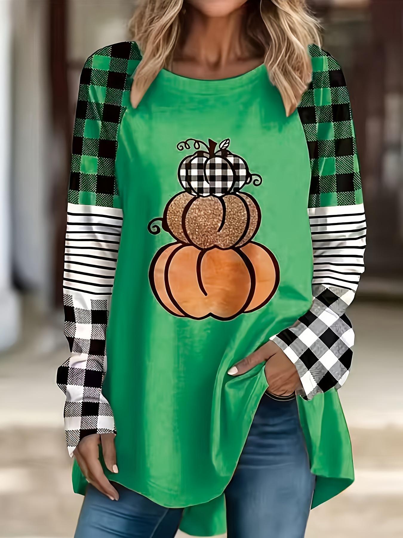 

Женская футболка с длинным рукавом «Хэллоуинская тыква» большого размера для осени/зимы 2XL зелёный