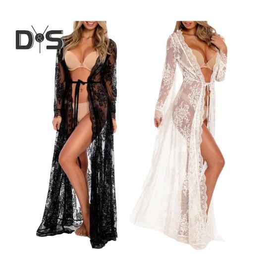 Bikini Kofta Långärmad Snörning Öppen Framsida Spetsklänning Sexig Semester Blus Strand Pool Varm Källa Cover-Up