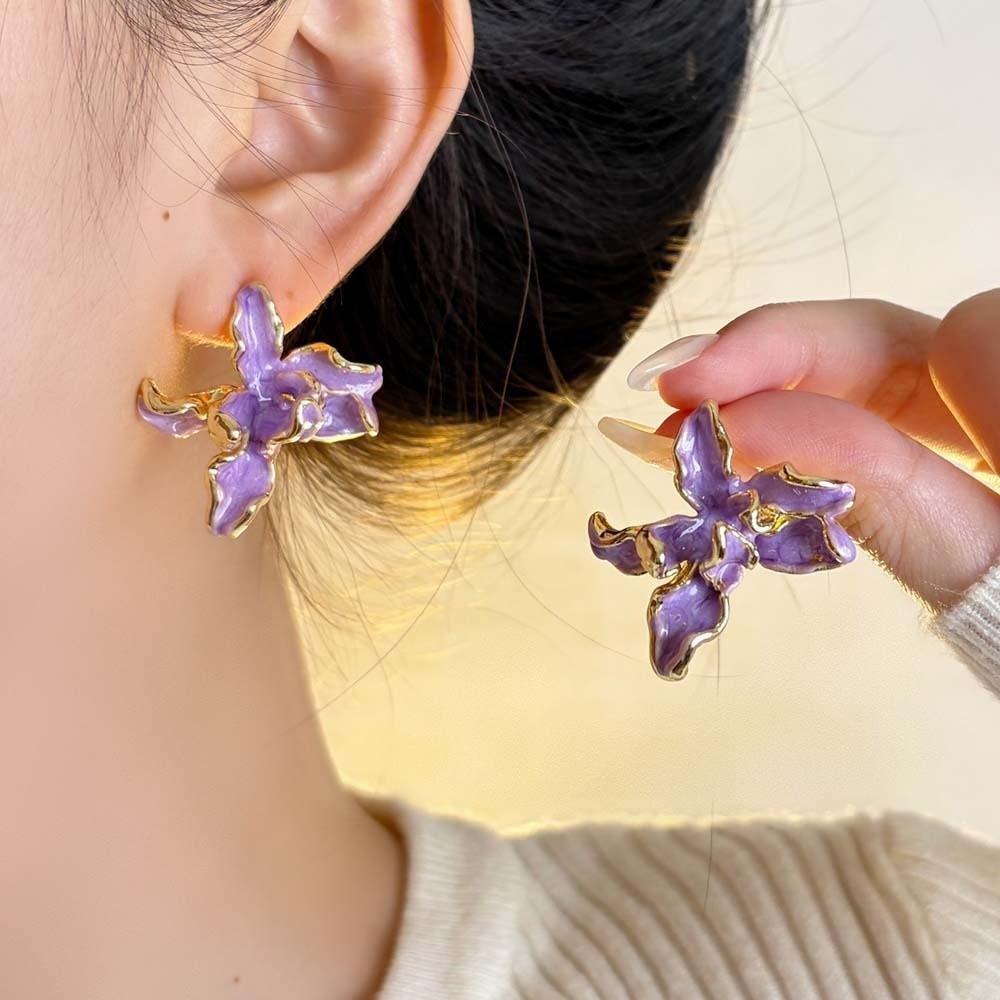 1 pair Luxury Golden and Silver Earrings Zinc Zinc Alloy Metal Flower Ear Studs Enamel Iris Earrings  Girls