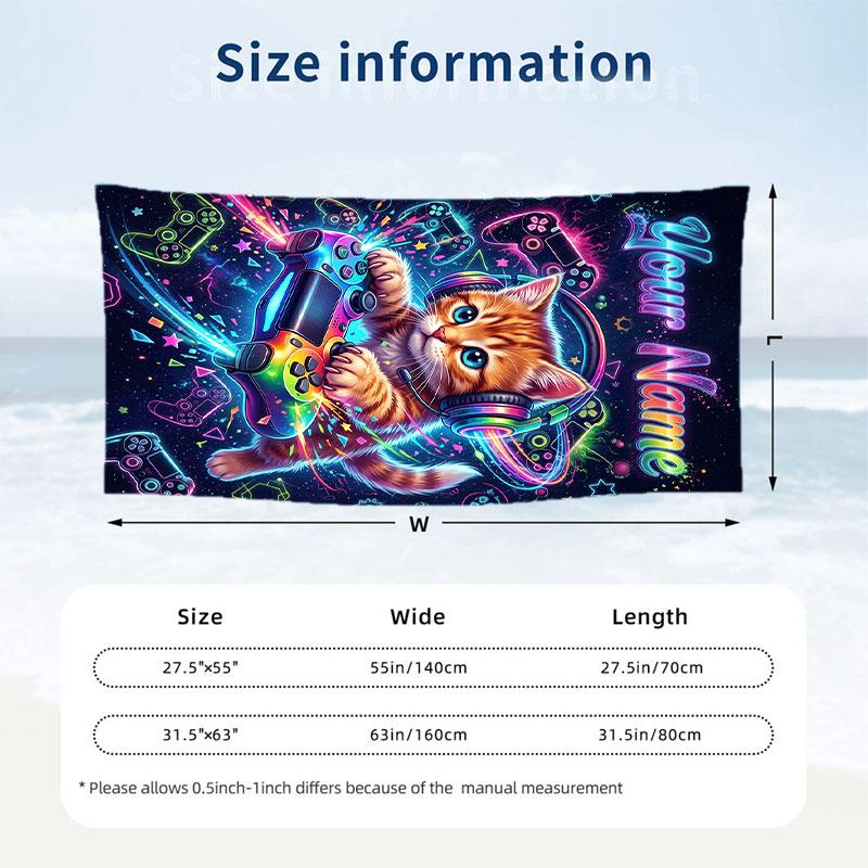 Cat Theme Beach Towel Personalized Custom Name & Text Soft Quick Dry Beach Towel for Swimming Travel