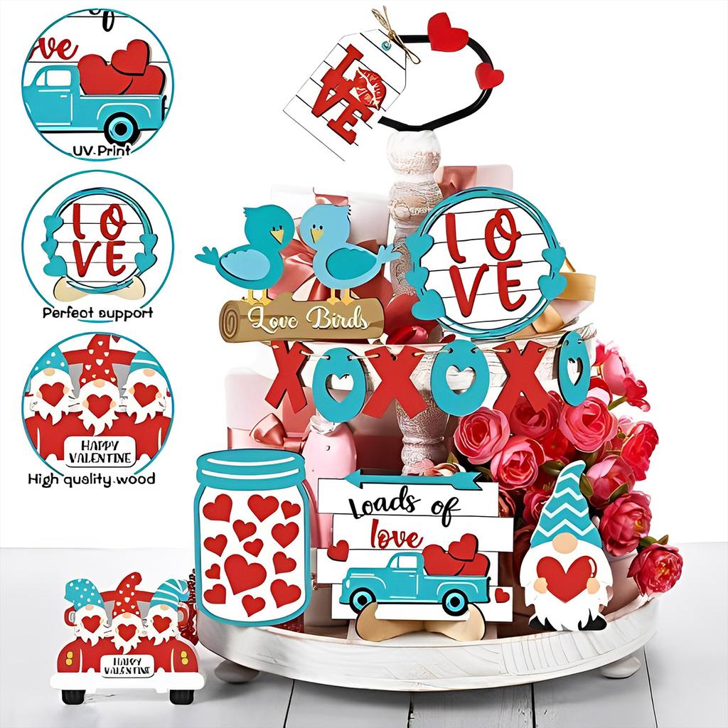 Valentine's Day Tiered Tray Decor Delicate Wooden Valentine Tabletop Decor Reusable Valentine Tray Decoration Love Red Truck