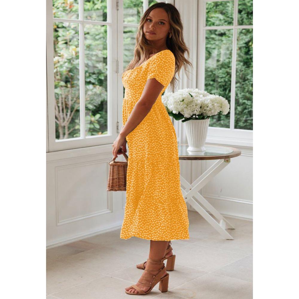 GMXIA Květinové šaty s čtvercovým límcem s bublinkovým rukávem Dlouhá sukně