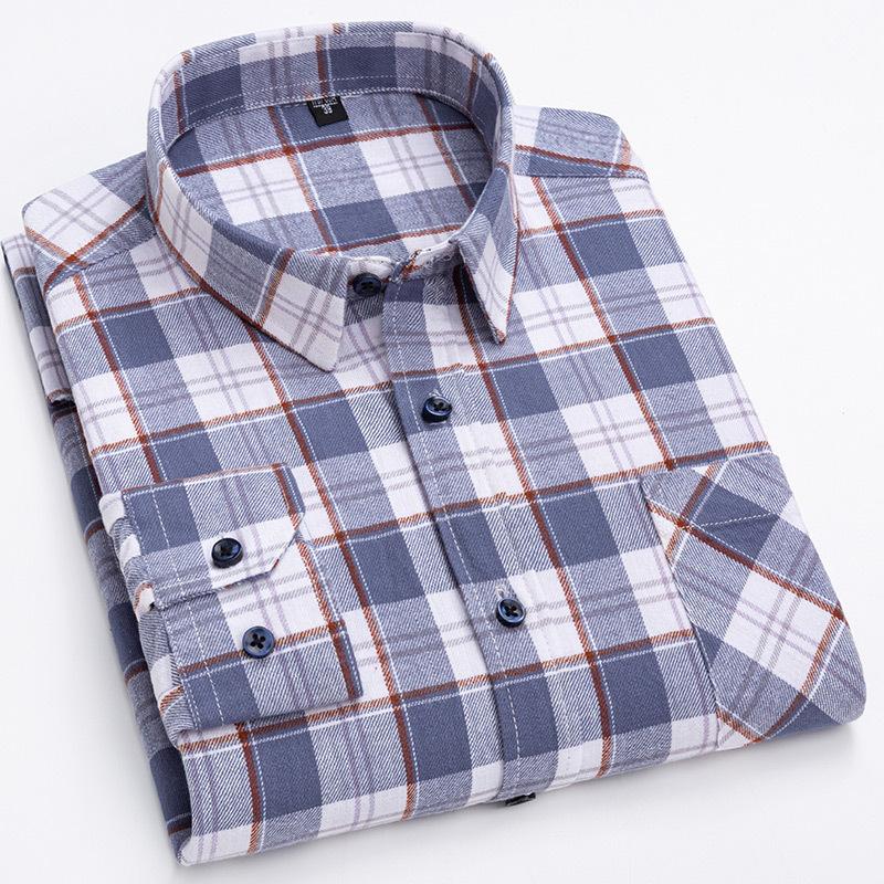 Men's Spring and Autumn Brushed Cotton Top Plaid T-shirt Casual Long Sleeve Turn Down Collar Shirt