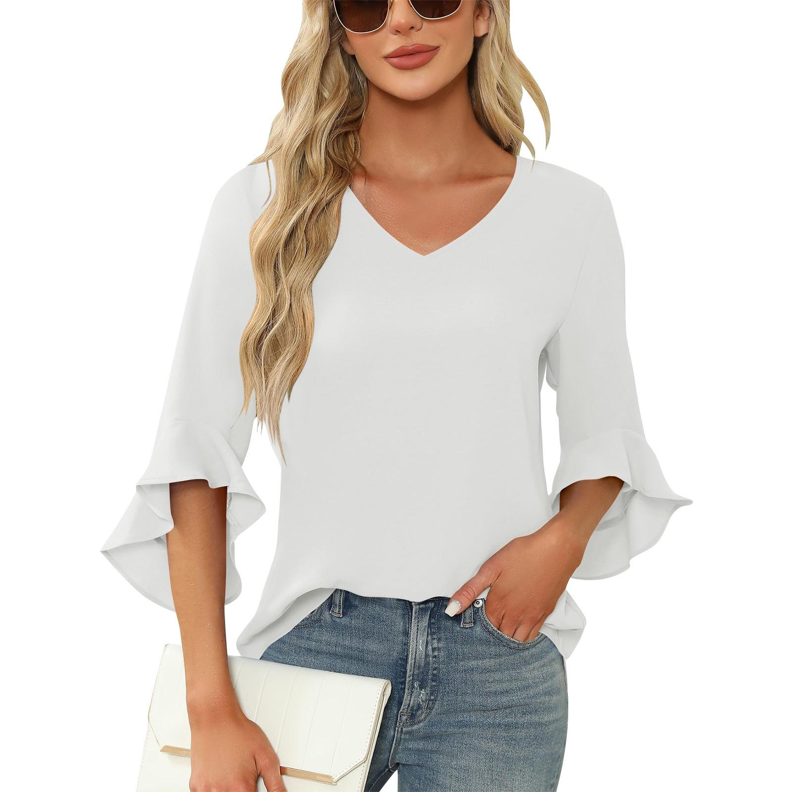 

Женские летние топы, повседневные, с оборками, коротким рукавом, круглым вырезом, свободные, плиссированные футболки M белый