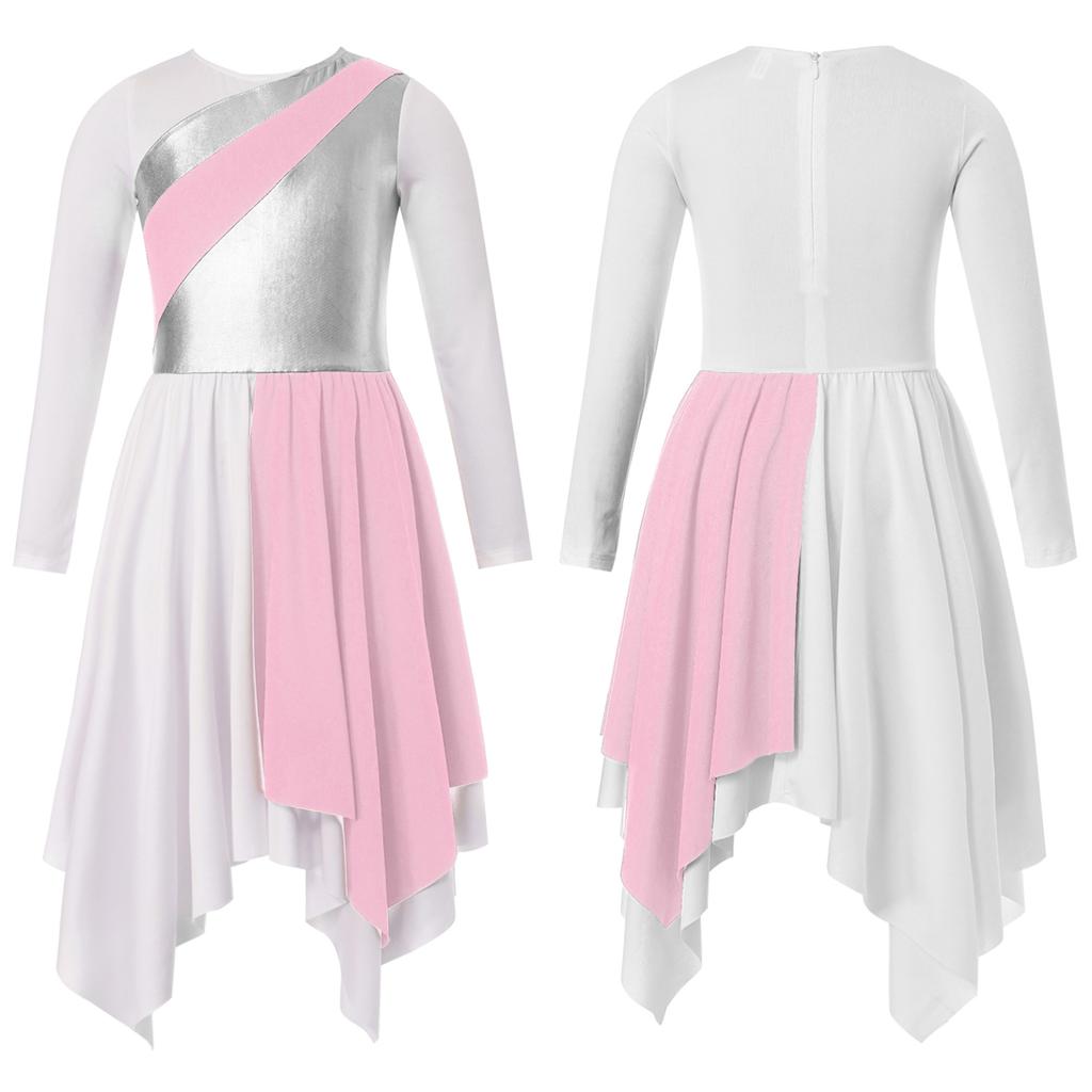 Crianças meninas manga longa brilhante metálico louvor túnica assimétrica vestido lírico traje de dança contemporânea