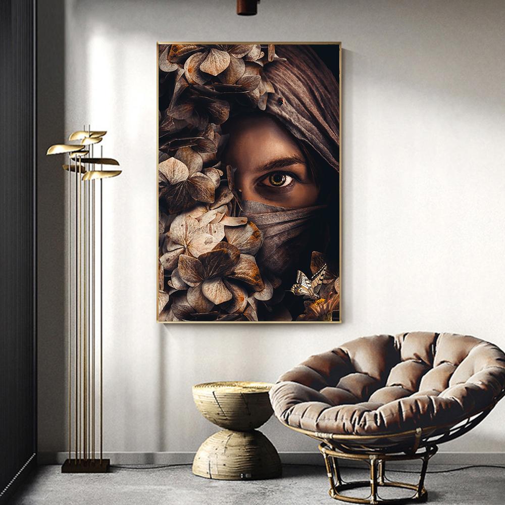 Mystic Scarfed Woman Plants Animal Photo Canvas Print Modern Nature Wall Art Poster Picture for Living Room Home Decor Cuadros