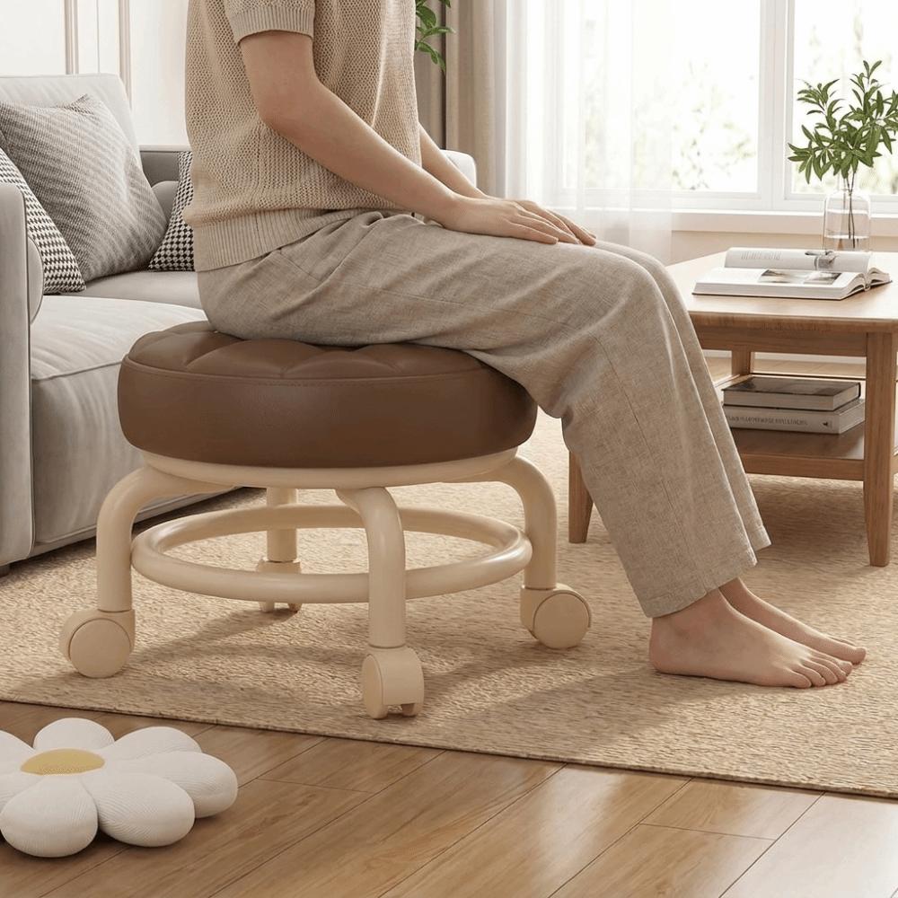 Round Shape Sliding Wheel Stool Universal Wheel Contrasting Color Small Stool Solid Frame Padded Seat Shoe Changing Stool