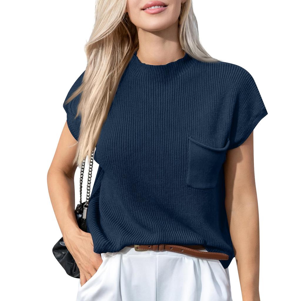 Women's Casual Fashion Sexy Color Comfortable And Breathable Round Neck Pullover Knitted Top With Pockets