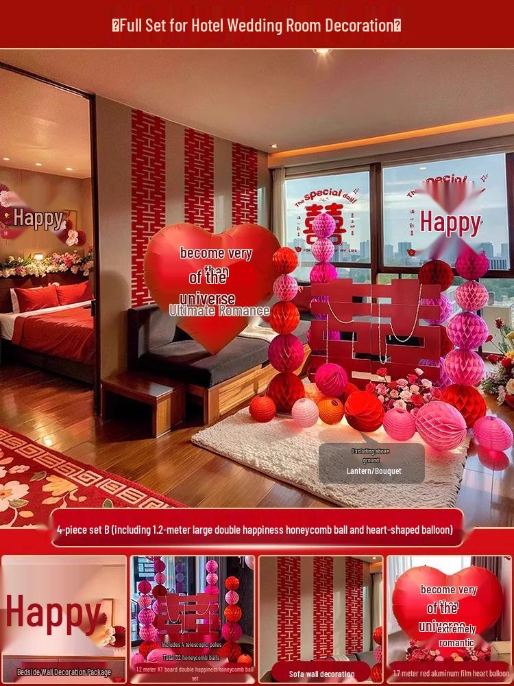 Ensemble de Décoration de Chambre de Mariage Nuptial avec Double Bonheur Sans Trace pour Hôtels et Salons